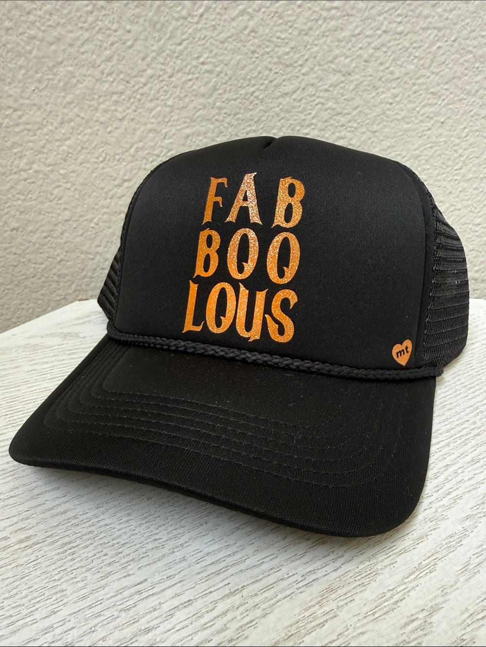 Mother Trucker Black with Orange Glittery Lettering FAB BOO LOUS Adjustable Hat